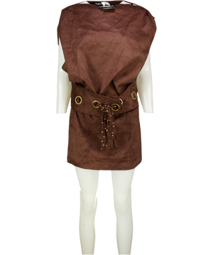 MURCI Suede Off Shoulder Fold Over Top Eyelet Belt Detail Mini Dress In Chocolate Brown UK 12