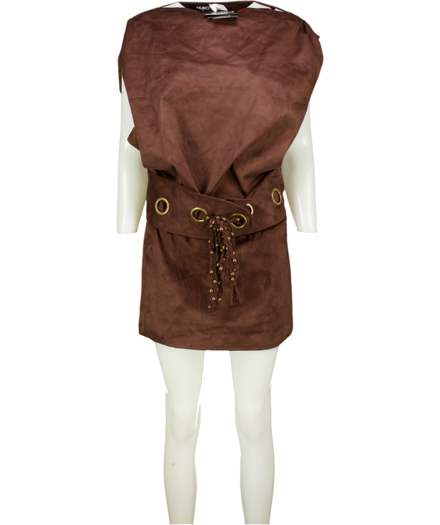 MURCI Suede Off Shoulder Fold Over Top Eyelet Belt Detail Mini Dress In Chocolate Brown UK 12