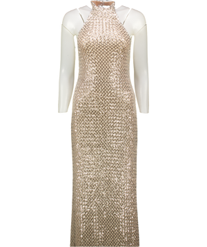 KNON Nude / Silver Sequin High Neck Maxi Dress UK XS