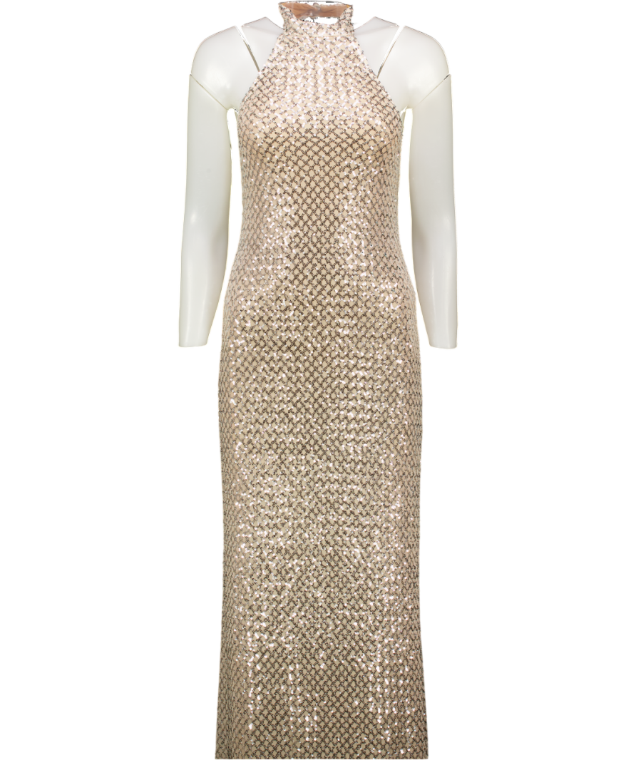 KNON Nude / Silver Sequin High Neck Maxi Dress UK XS