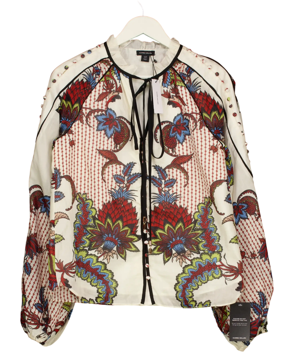 Karen Millen Multicoloured Mirror Print Silk Cotton Button Detail Woven Blouse UK 10