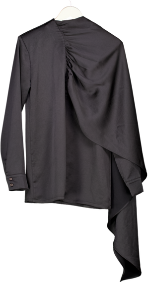 SOURCE UNKNOWN Black Satin Drape Long Sleeve Mini Dress UK S/M