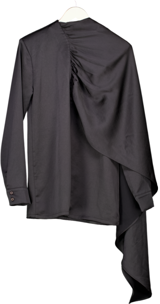 SOURCE UNKNOWN Black Satin Drape Long Sleeve Mini Dress UK S/M