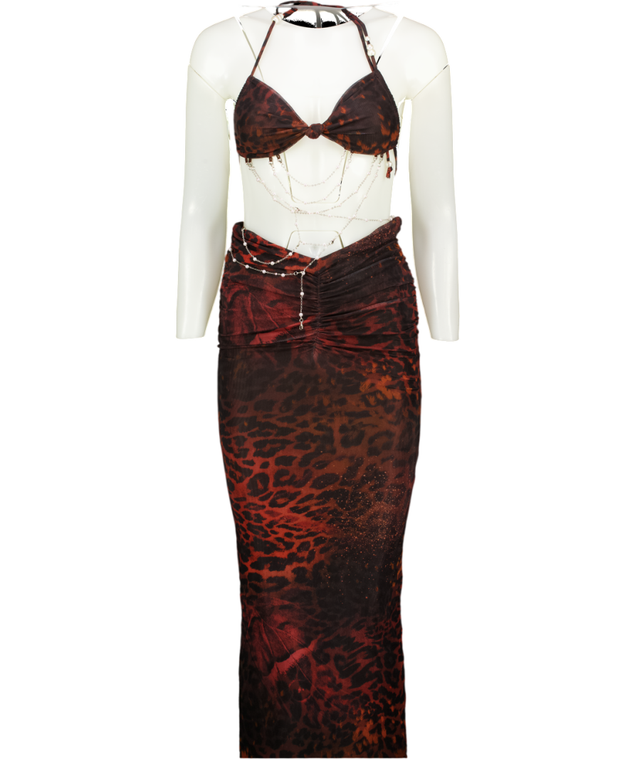 OUTCAST Multicoloured 2-piece Beaded Animal Print Bikini Top And Skirt Set UK XS