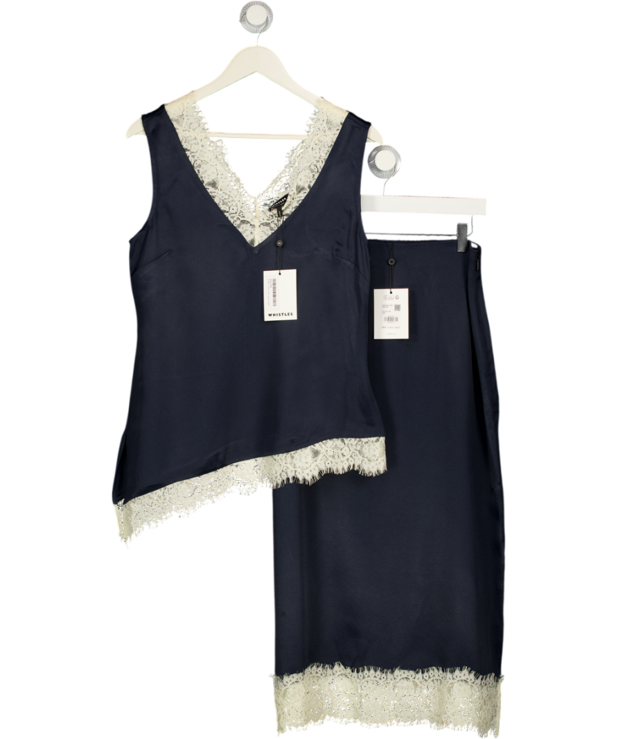 WHISTLES Blue 2-piece Navy Lace Trim Satin Cami Top & Midi Skirt Set UK 10