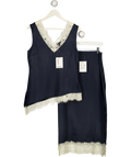 WHISTLES Blue 2-piece Navy Lace Trim Satin Cami Top & Midi Skirt Set UK 10