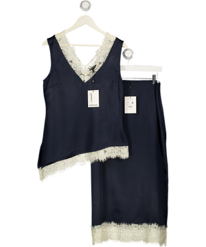 WHISTLES Blue 2-piece Navy Lace Trim Satin Cami Top & Midi Skirt Set UK 10