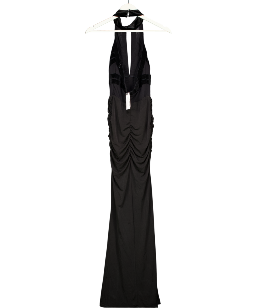 Karen Millen Black Stretch Velvet Taping Detail Mesh Halter Neck Maxi Dress UK XS