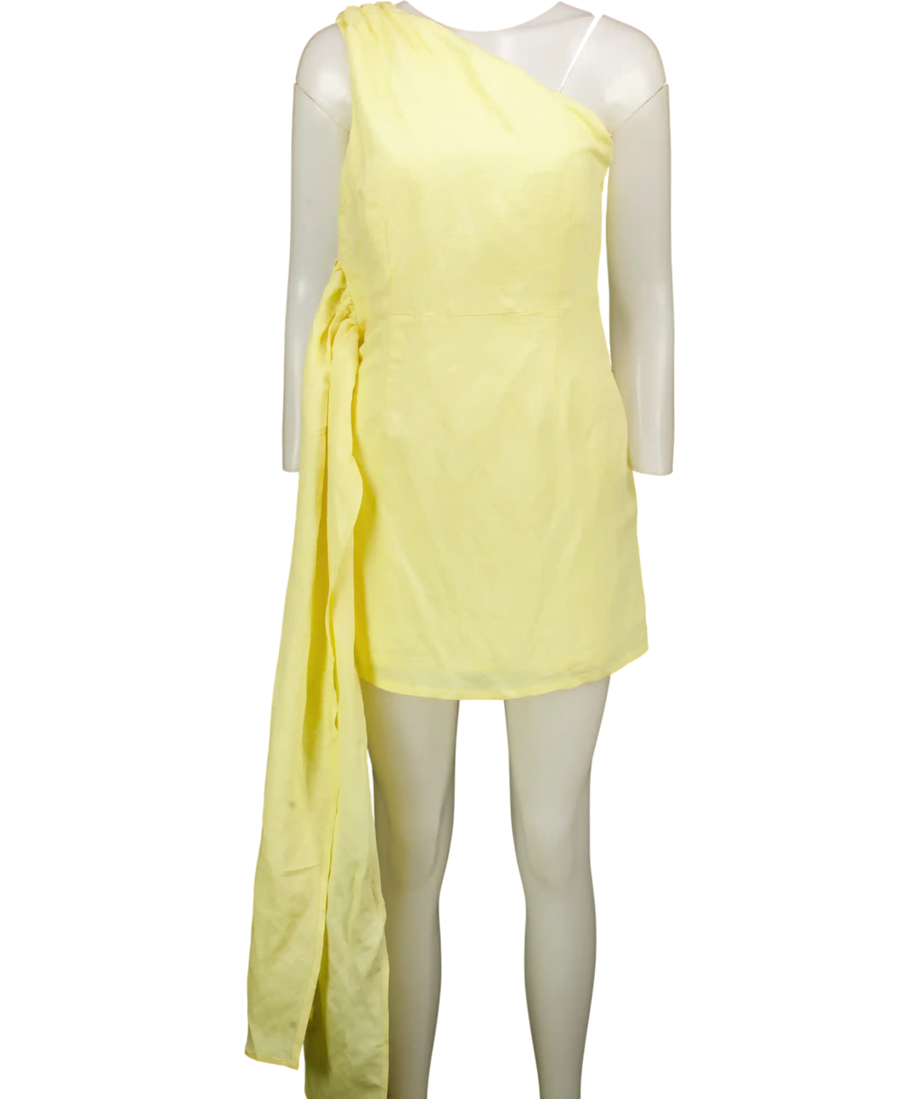 French Connection Yellow Birdie Linen One Shoulder Tie Mini Dress UK 12