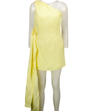 French Connection Yellow Birdie Linen One Shoulder Tie Mini Dress UK 12