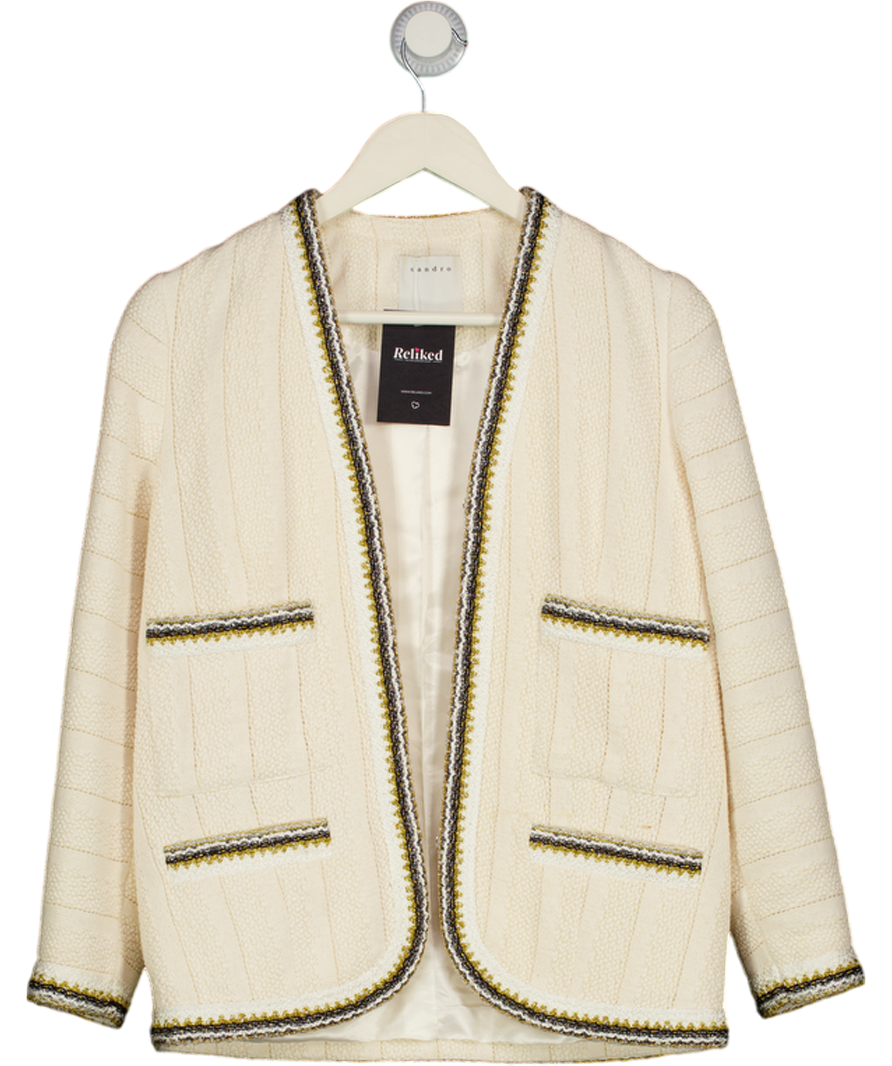 SANDRO Cream Tweed Jacket With Black / Gold Trims Fr34 UK 6