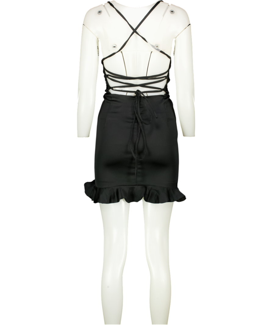 Oh Polly Black Tie Black, Frill Hem Mini Satin Dress UK 10