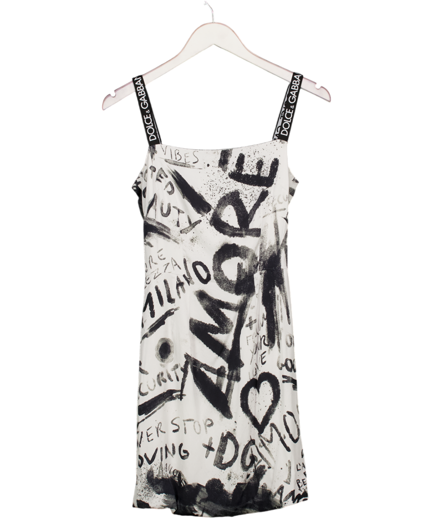 Dolce & Gabbana White Stretch Silk Logo Strap Charmeuse Mini Dress Graffiti Print It42 UK S/M