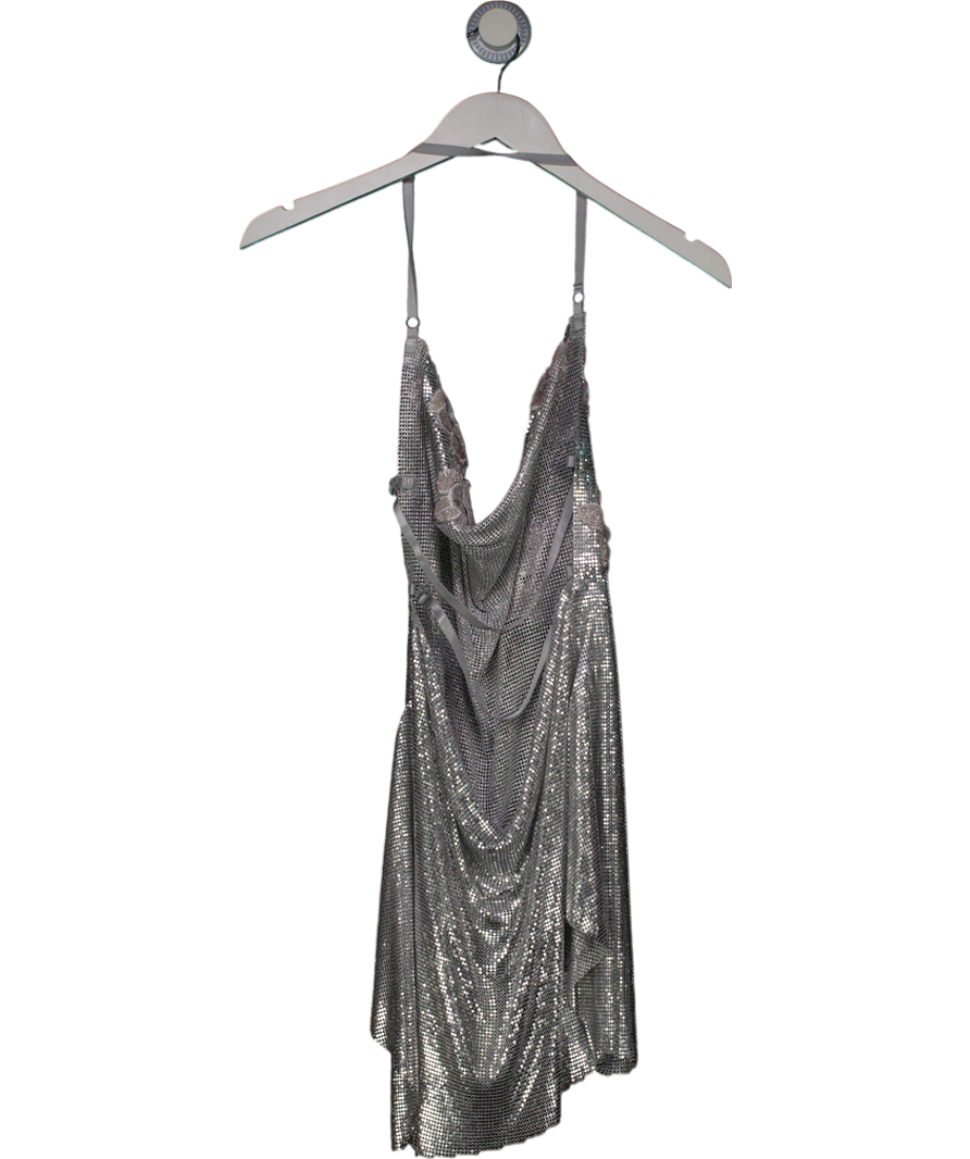 White Fox Metallic Phantom Touch Metal Mesh Mini Dress Silver UK S