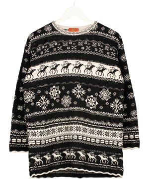 KENZO Black & White Wool Blend Intarsia Knit Reindeer Oversize Jumper UK S