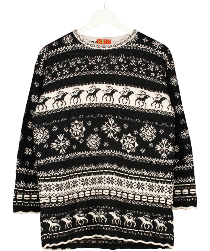 KENZO Black & White Wool Blend Intarsia Knit Reindeer Oversize Jumper UK S