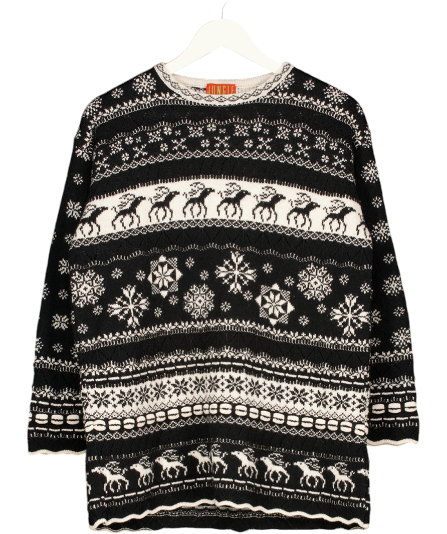KENZO Black & White Wool Blend Intarsia Knit Reindeer Oversize Jumper UK S