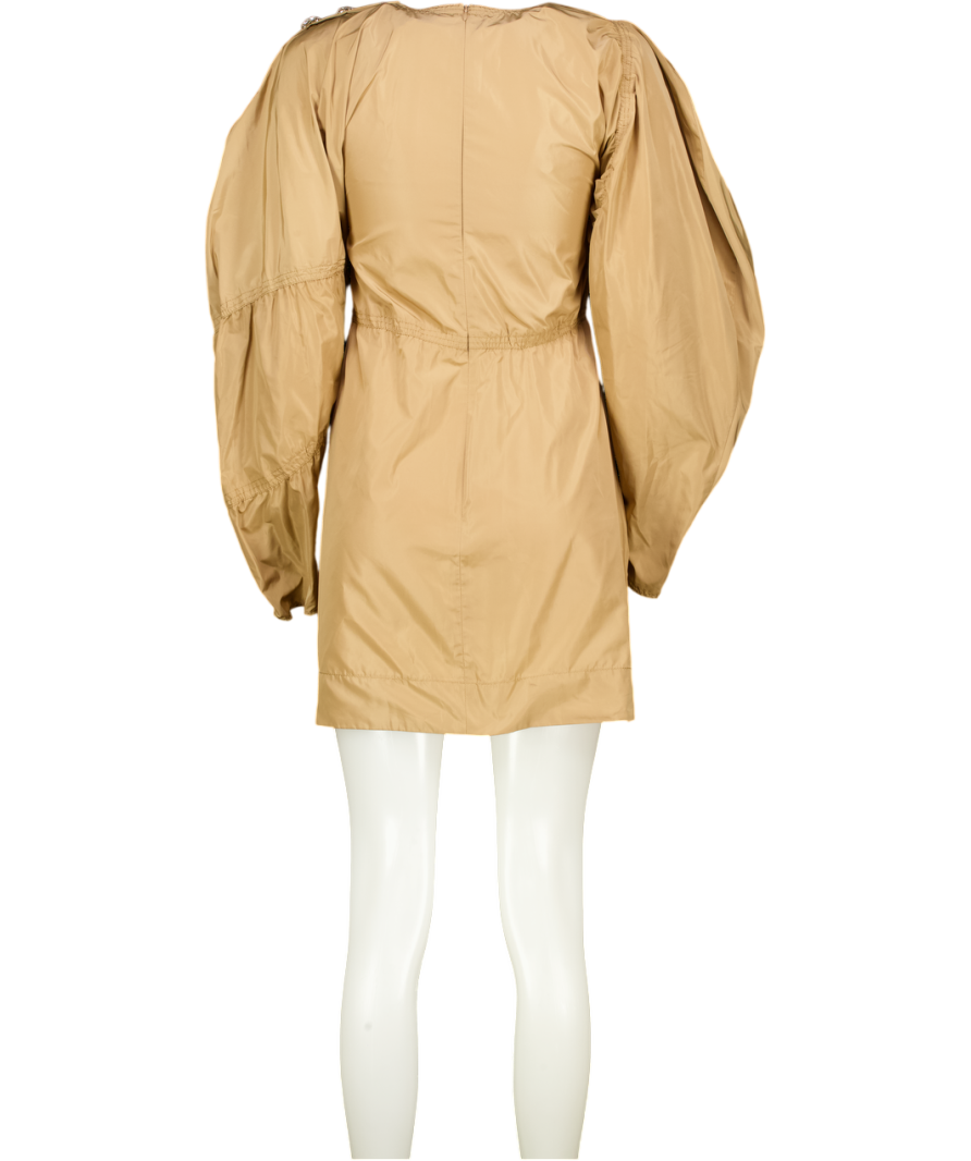 GANNI Beige Balloon-sleeve Crystal-button Taffeta Mini Dress UK 6