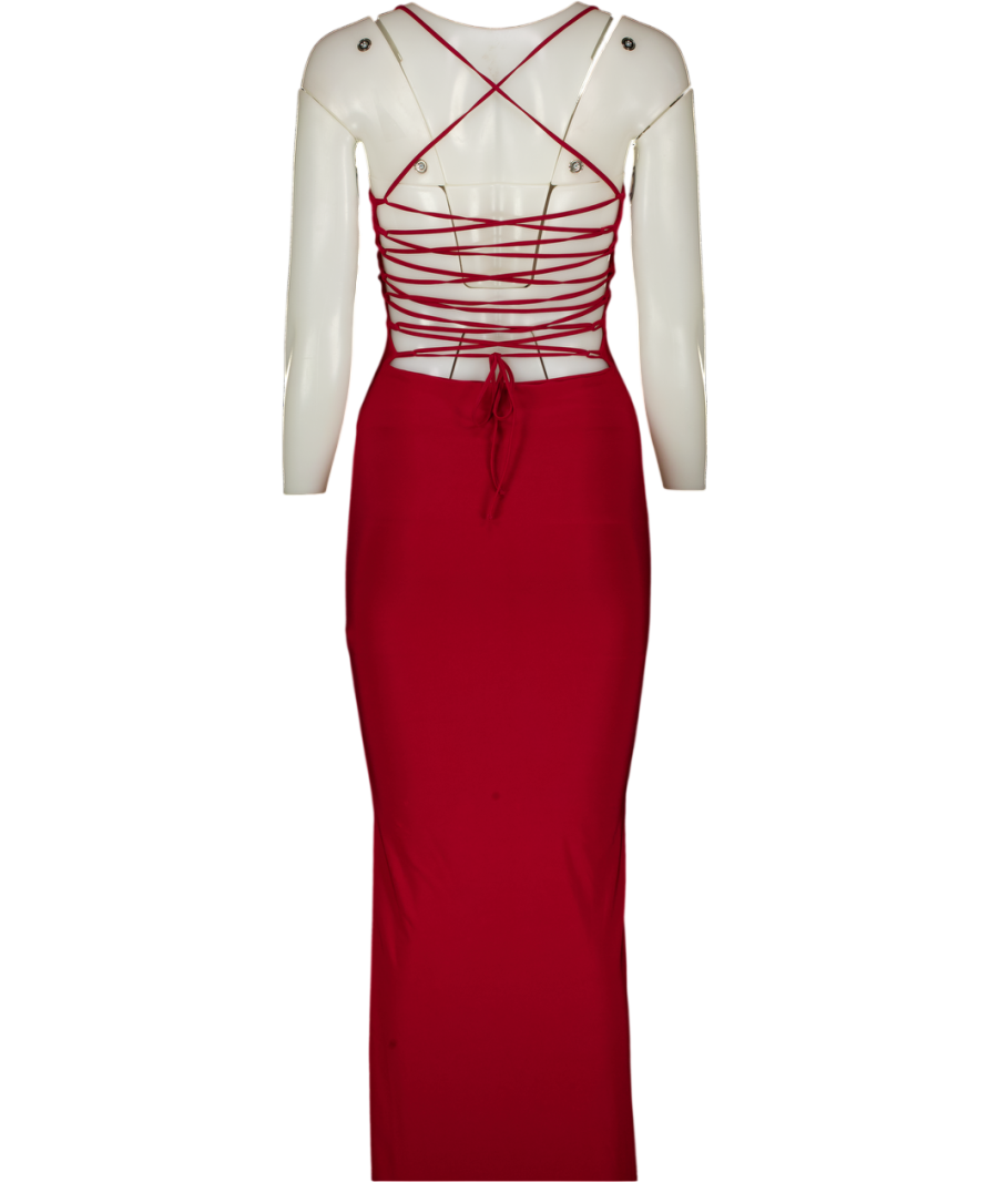 AYM STUDIO Dark Red Double Layer Lace Back Maxi Dress UK XS