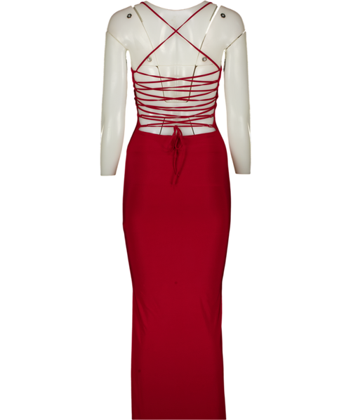 AYM STUDIO Dark Red Double Layer Lace Back Maxi Dress UK XS