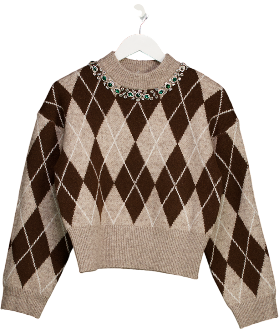 ASOS Brown Argyle Embellished Neck Jumper UK XS