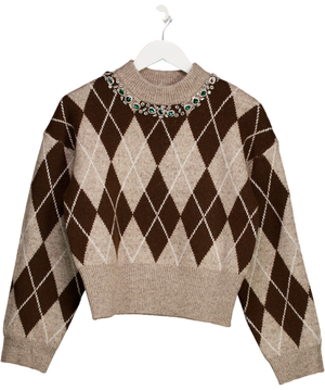 ASOS Brown Argyle Embellished Neck Jumper UK XS