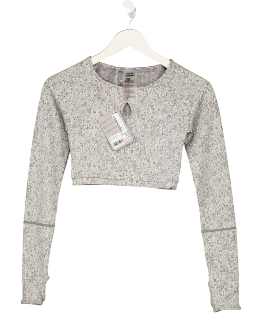 GYMSHARK Grey Fleur Textured Long Sleeve Crop Top UK XS