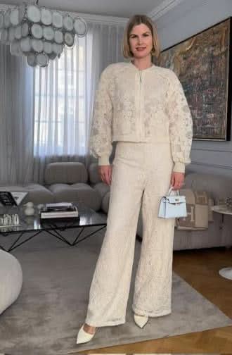 Rich Radi Q Cream Lace And Sequin Bomber Jacket And Trousers Set UK M