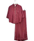 CHELSEA PEERS Burgundy Red Satin Star Stripes Jacquard Long Pyjama Set UK 10