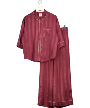 CHELSEA PEERS Burgundy Red Satin Star Stripes Jacquard Long Pyjama Set UK 10