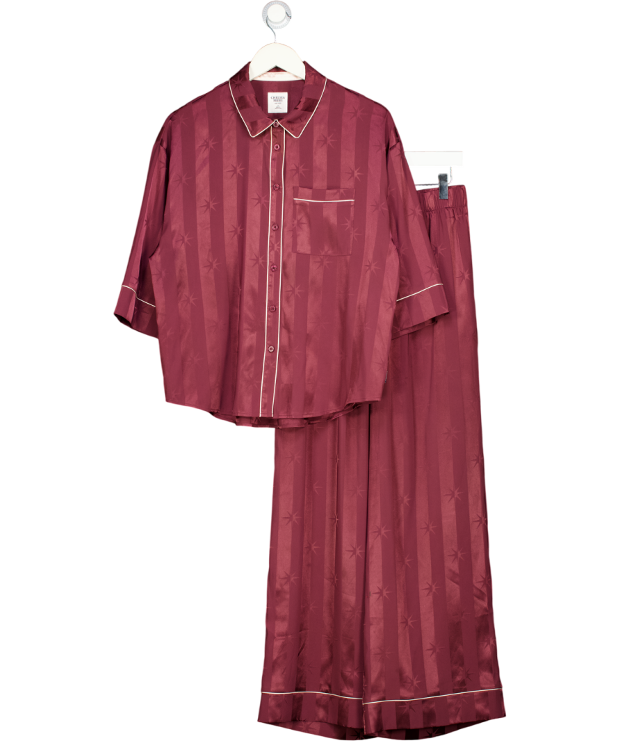 CHELSEA PEERS Burgundy Red Satin Star Stripes Jacquard Long Pyjama Set UK 10