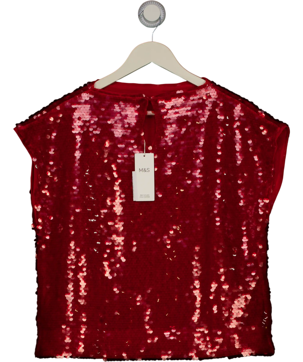 M&S Red Sequin Slash Neck Short Sleeve Top UK 12