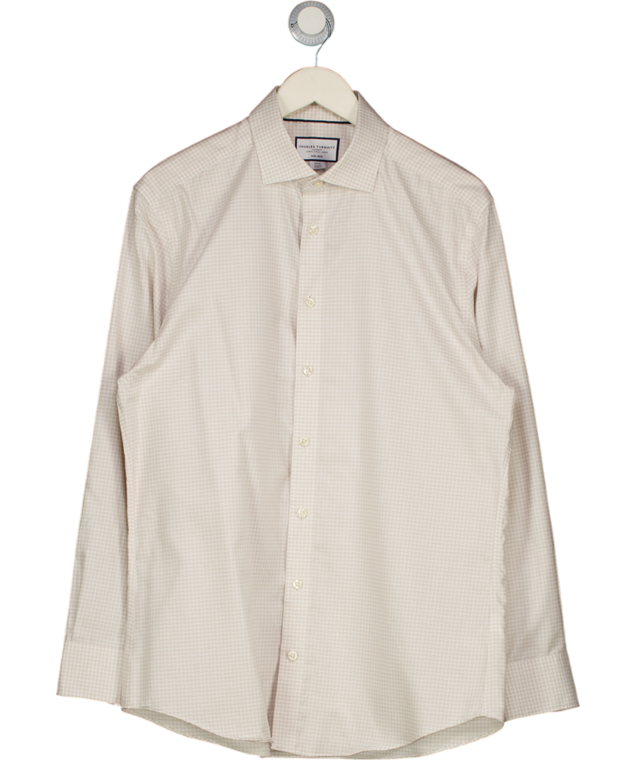 CHARLES TYRWHITT Beige Mini Check Non-iron Cotton Linen Blend Slim Fit Shirt UK L