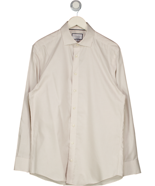 CHARLES TYRWHITT Beige Mini Check Non-iron Cotton Linen Blend Slim Fit Shirt UK L