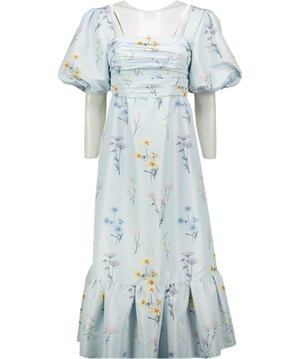 SELF PORTRAIT Blue Floral Watercolour Puff Sleeve Square Neck Taffeta Midi Dress UK 12