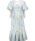 SELF PORTRAIT Blue Floral Watercolour Puff Sleeve Square Neck Taffeta Midi Dress UK 14