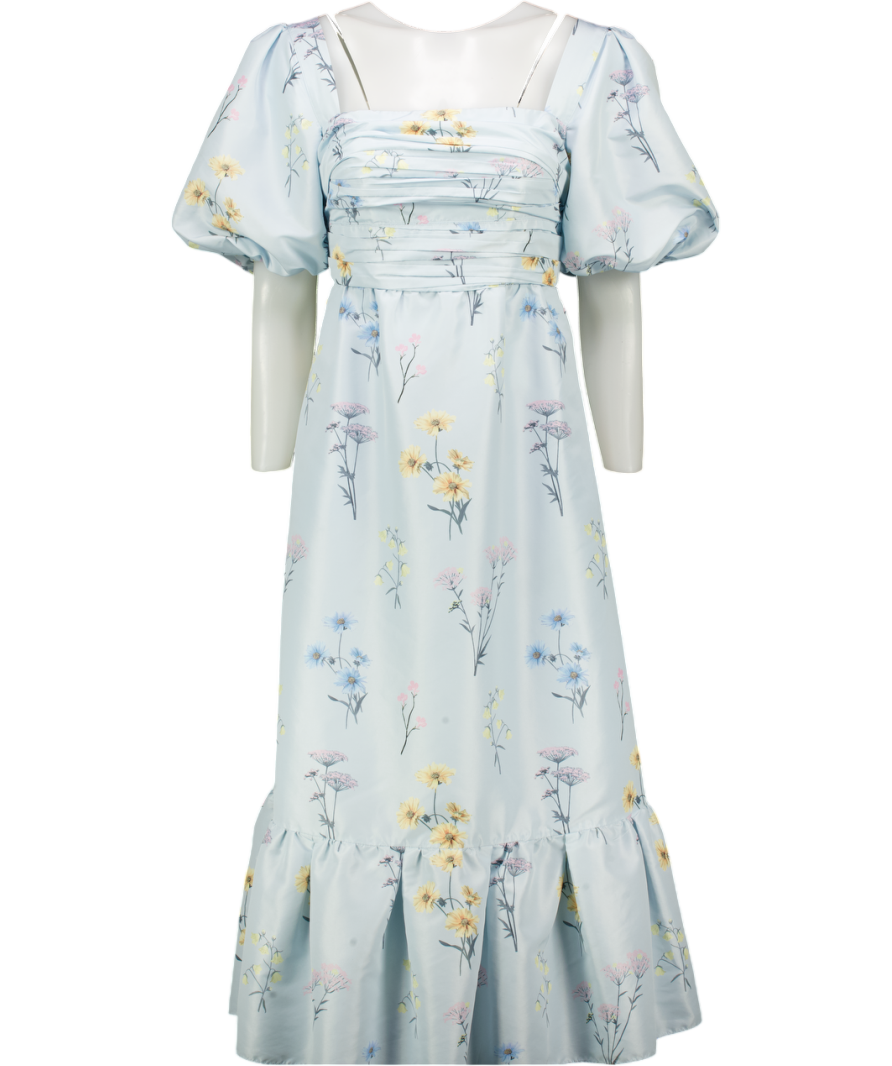 SELF PORTRAIT Blue Floral Watercolour Puff Sleeve Square Neck Taffeta Midi Dress UK 12
