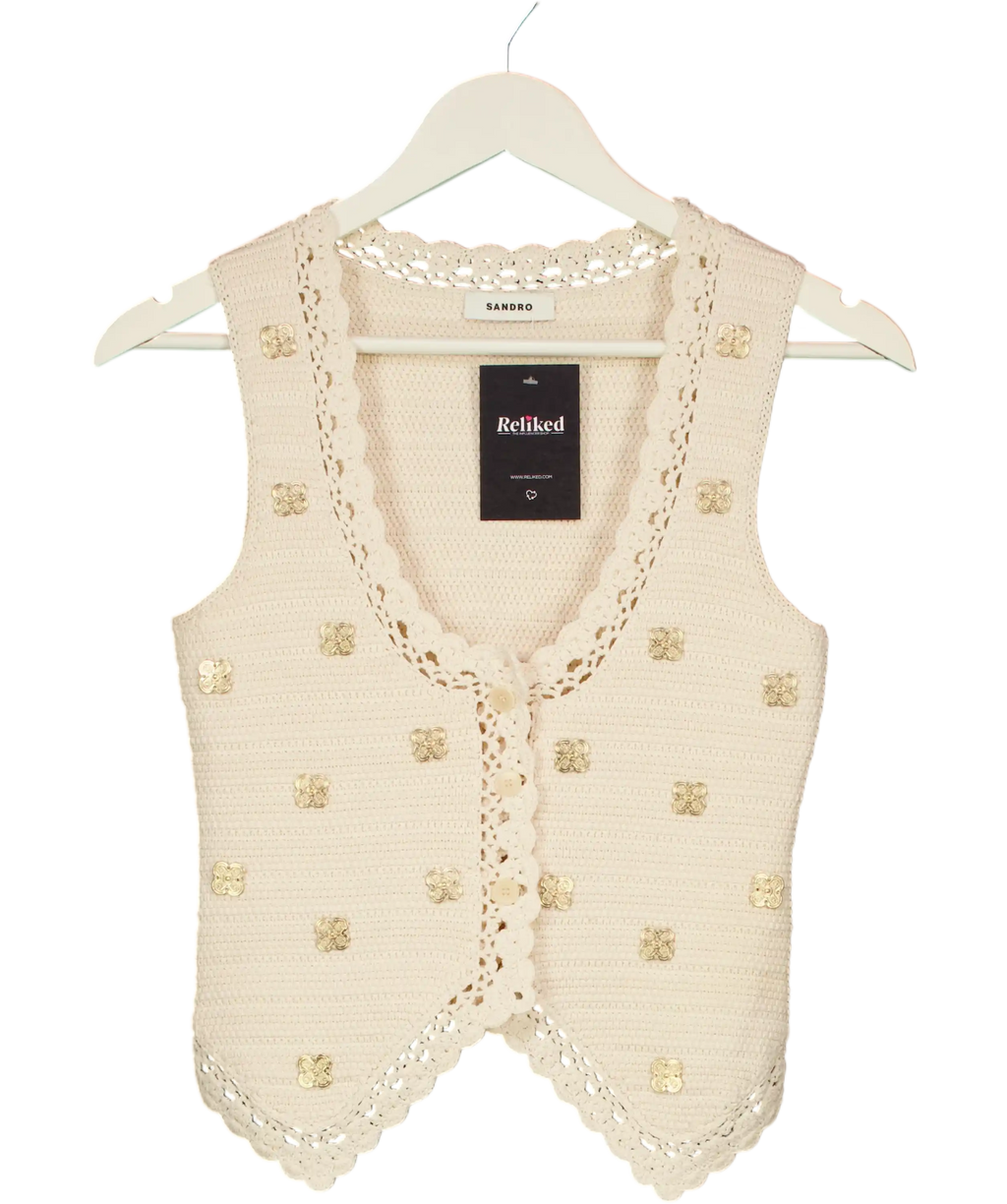 SANDRO PARIS Cream Embellished Crochet-knit Vest Sz1 UK 8
