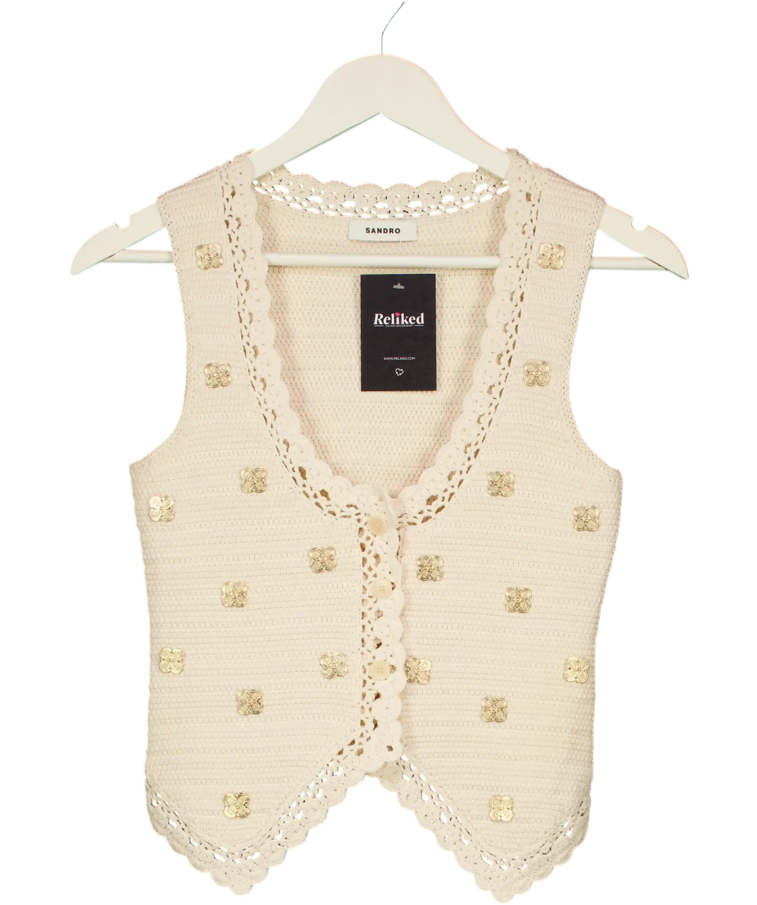 SANDRO PARIS Cream Embellished Crochet-knit Vest Sz1 UK 8