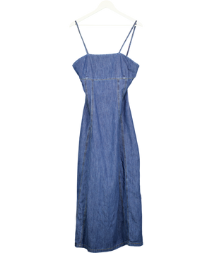 ASOS Chambray Denim Maxi Dress With Cinch Waist Seams In Mid Blue UK S