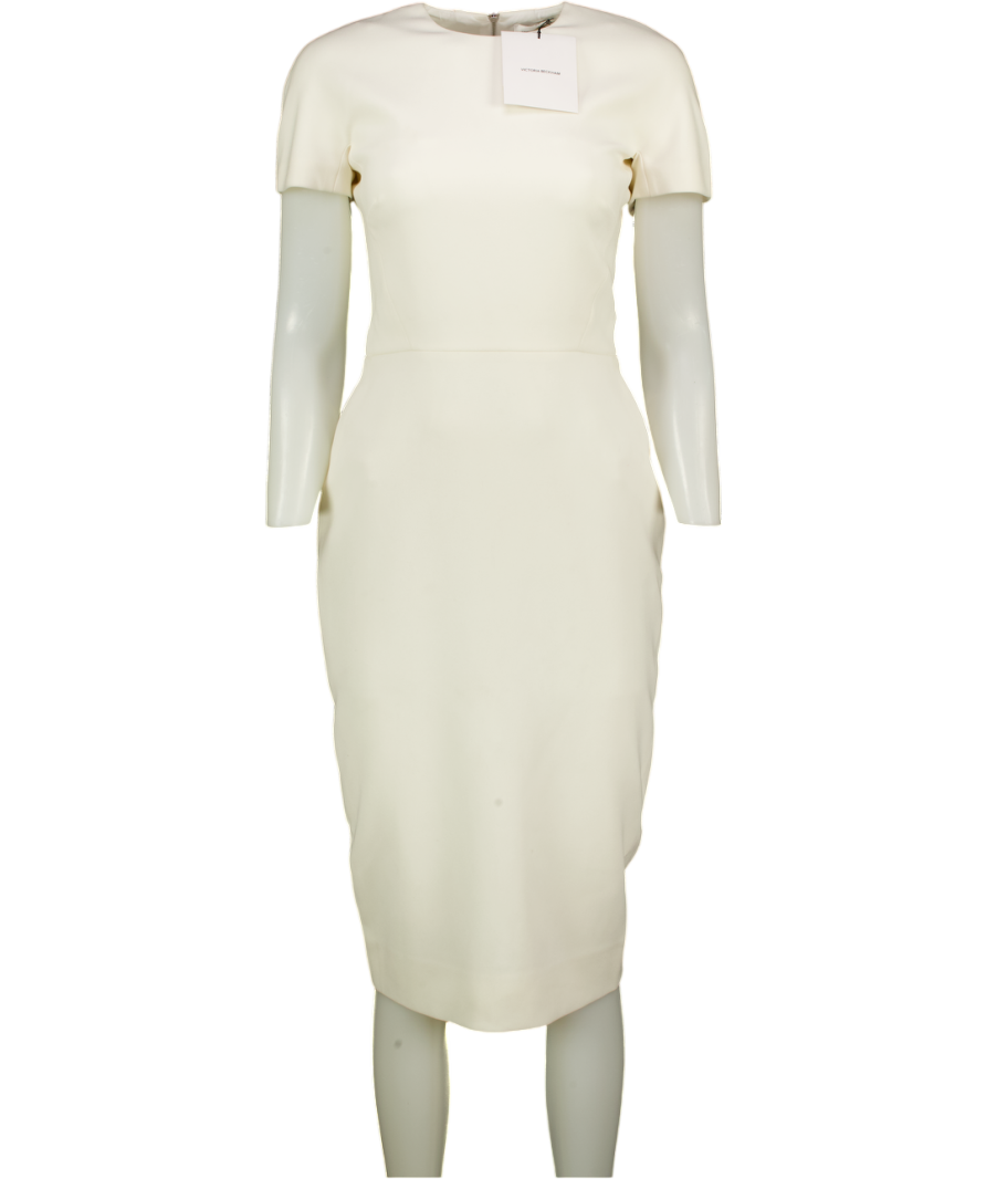 VICTORIA BECKHAM Bonded Crepe Fitted Dress In Ivory White UK 8