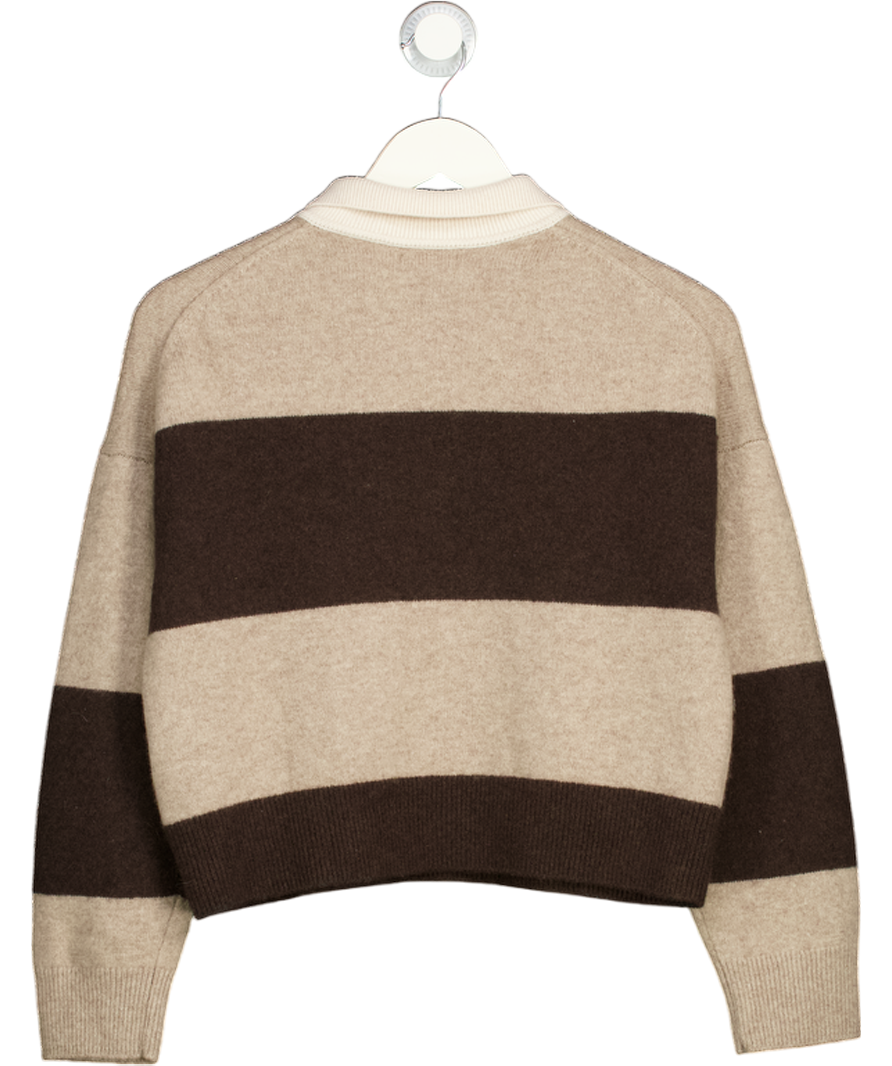 Massimo Dutti Brown & Beige Striped Cropped Cashmere Blend Polo Jumper UK M
