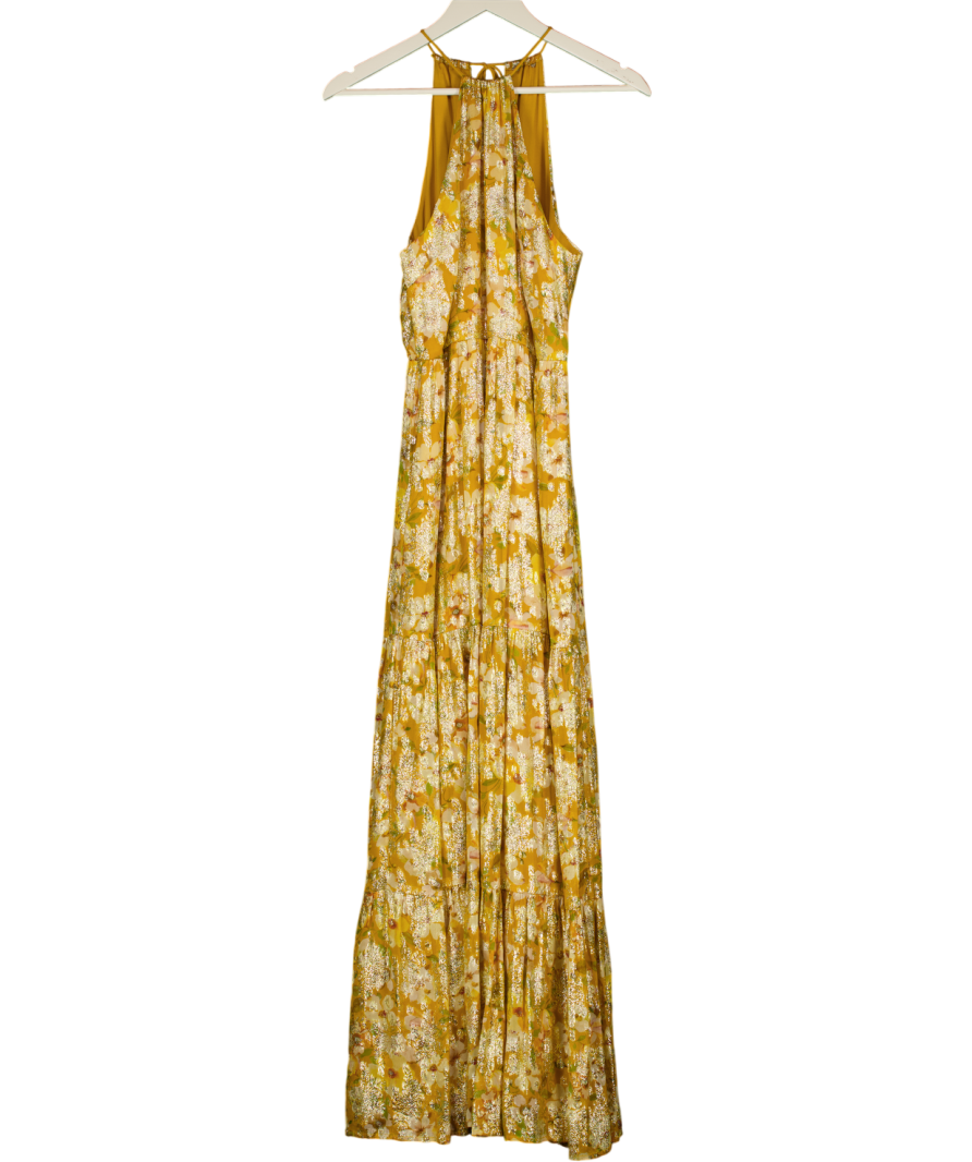 RIVER ISLAND Yellow Floral Metallic Thread Maxi Dress UK 8