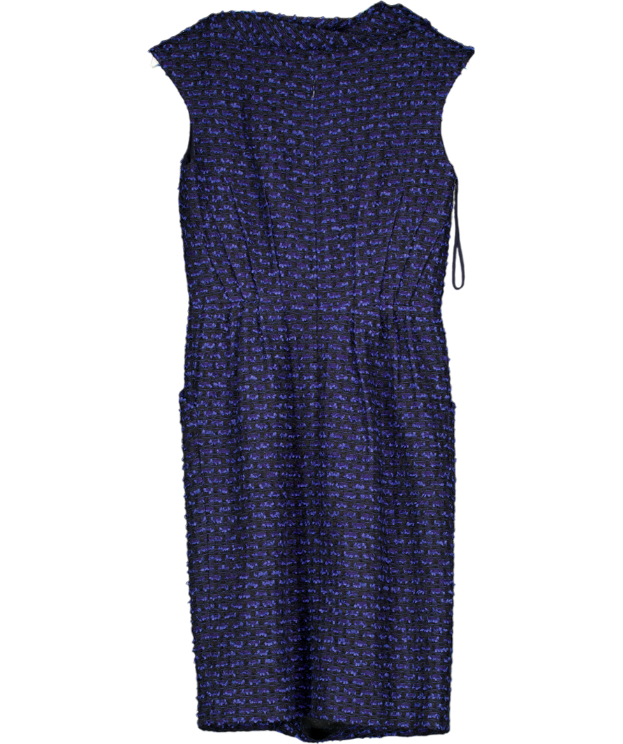 Oscar de la Renta Blue Draped Neck Sleeveless Tweed Textured Dress UK 8