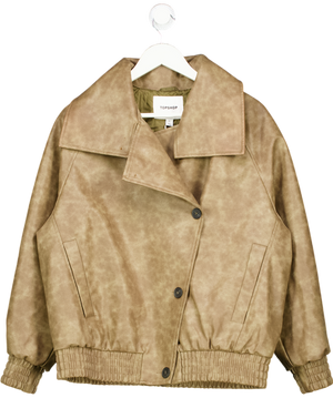 Topshop Faux Leather Oversized Bomber With Funnel Neck In Washed Brown UK S