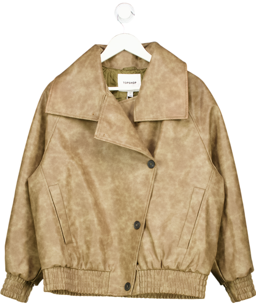Topshop Faux Leather Oversized Bomber With Funnel Neck In Washed Brown UK S