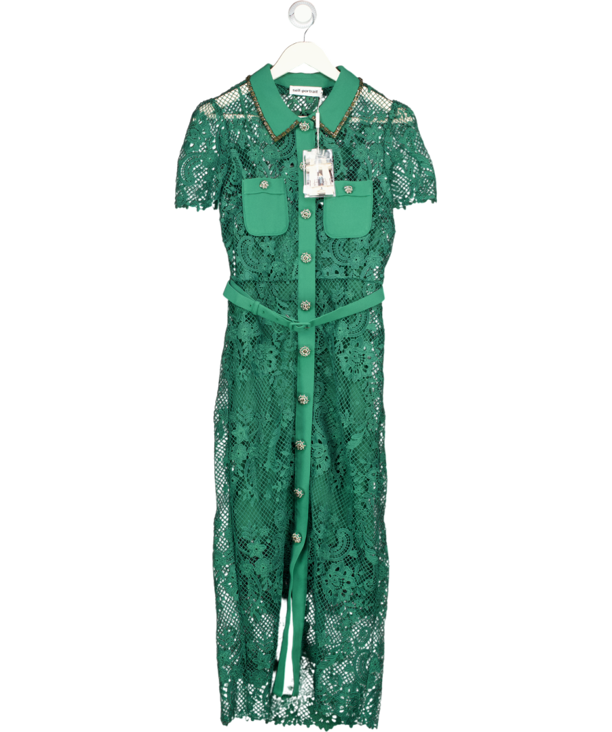 SELF PORTRAIT Green Lace Button Front Midi Dress UK 12