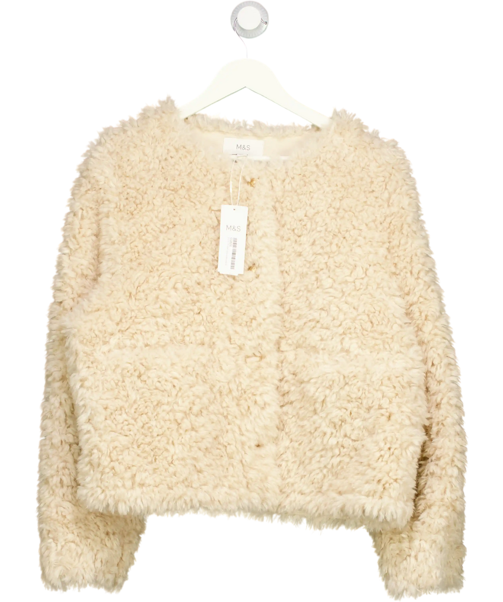 M&S Beige Faux Fur Textured Collarless Short Jacket UK 16