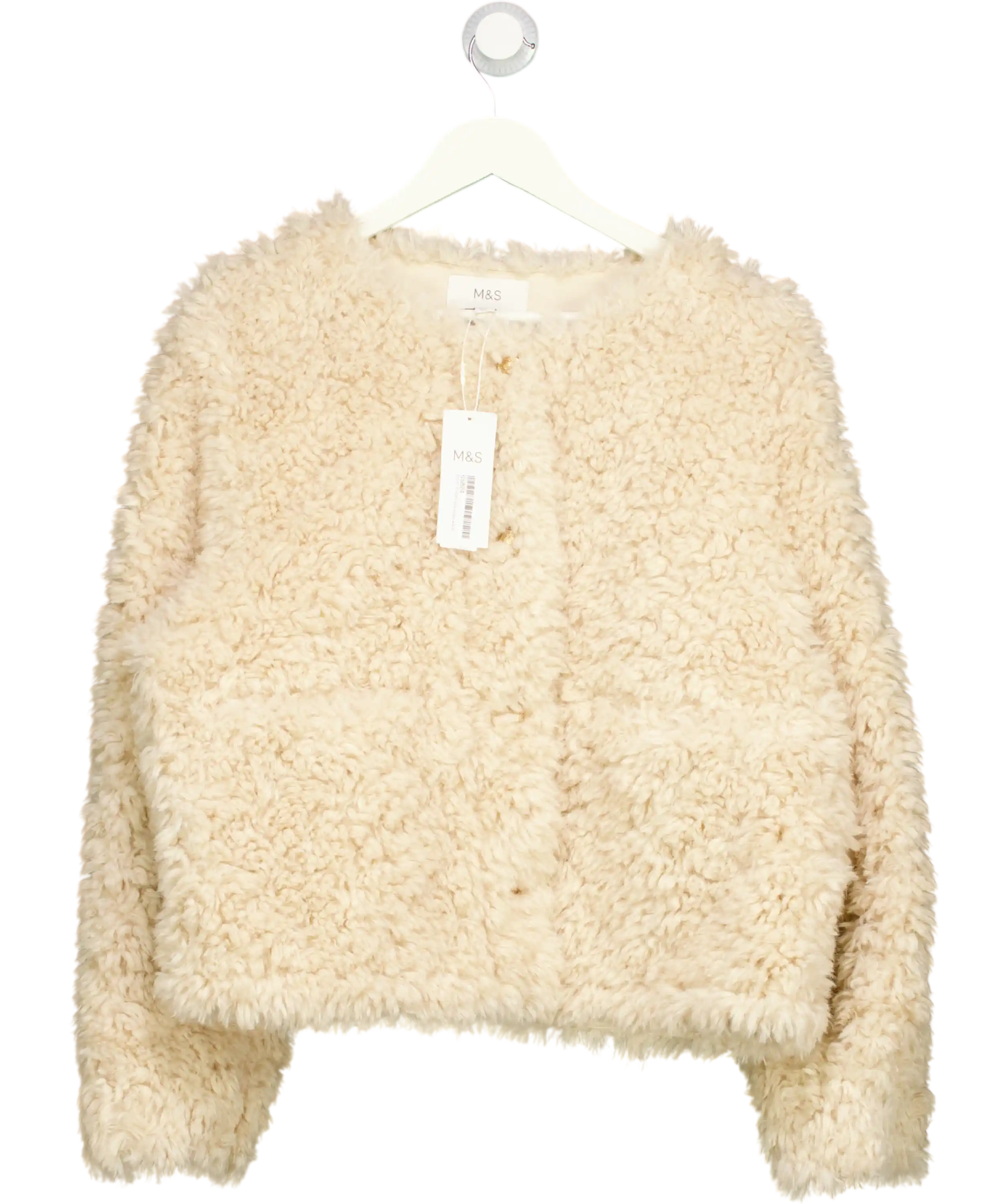 M&S Beige Faux Fur Textured Collarless Short Jacket UK 16