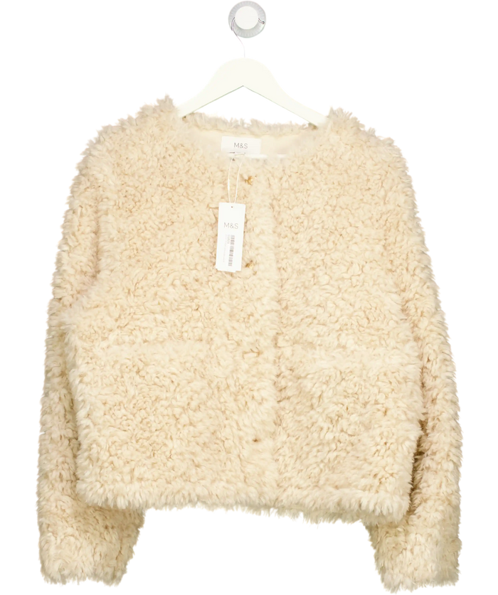 M&S Beige Faux Fur Textured Collarless Short Jacket UK 16